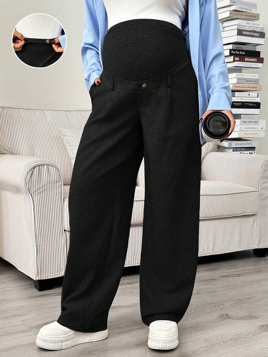 Maternity Tailored Office Pants - Adjustable Waist, Slant Pocket, Loose Fit, Khaki