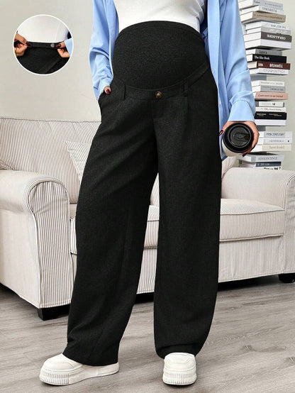 Maternity Tailored Office Pants - Adjustable Waist, Slant Pocket, Loose Fit, Khaki