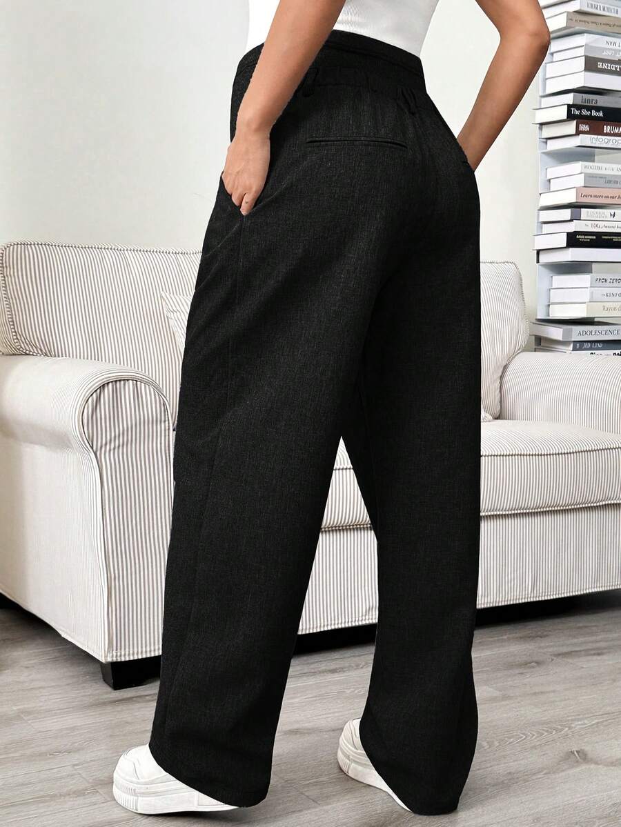 Maternity Tailored Pants - Adjustable Waist, Pocket, Loose Fit, Navy Blue