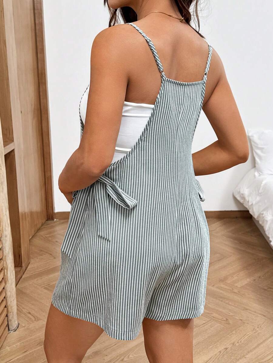 Apricot Spaghetti Strap Maternity Jumpsuit - Casual Sleeveless Knot Front Loose Fit Short Summer Vacation Romper