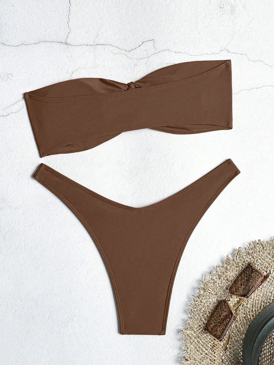 Swim Vcay Solid Color Bikini Swimming Suit For Beach Vacation, Strapless, Wireless For Summer