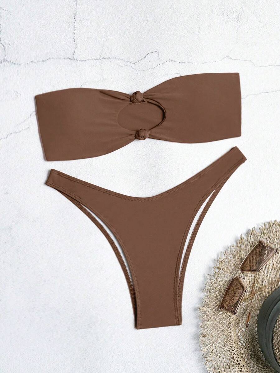 Swim Vcay Solid Color Bikini Swimming Suit For Beach Vacation, Strapless, Wireless For Summer