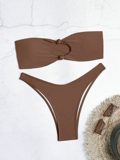 Swim Vcay Solid Color Bikini Swimming Suit For Beach Vacation, Strapless, Wireless For Summer