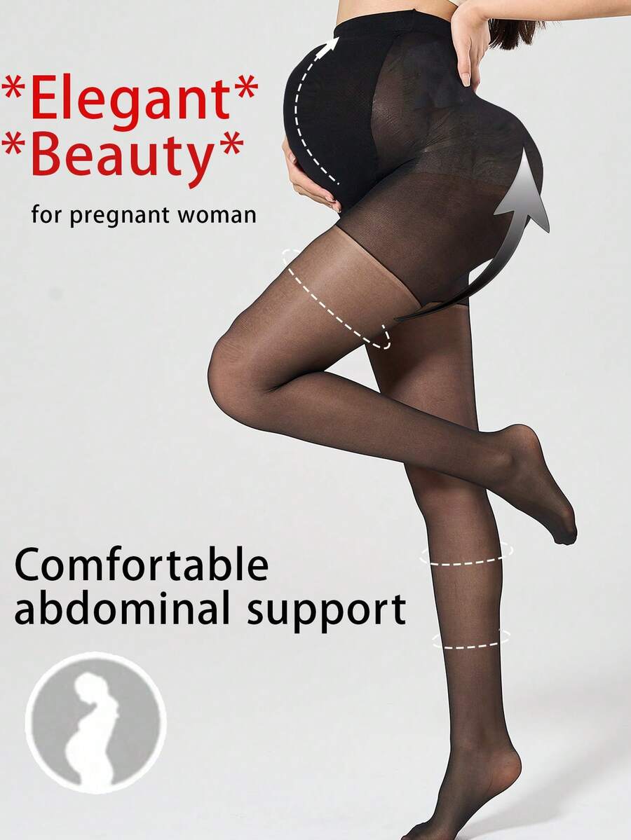 Maternity Tights - Black High Waist Stretchy Sheer Design Soft Pregnancy Leggings, Daily Wear