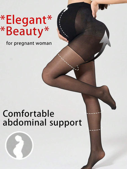 Maternity Tights - Black High Waist Stretchy Sheer Design Soft Pregnancy Leggings, Daily Wear