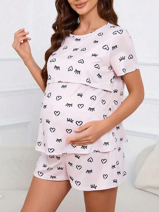 Women Breastfeeding Pajama Set 2pcs Crew Neck Pullover Maternity Sleepwear Cute Print Loungewear