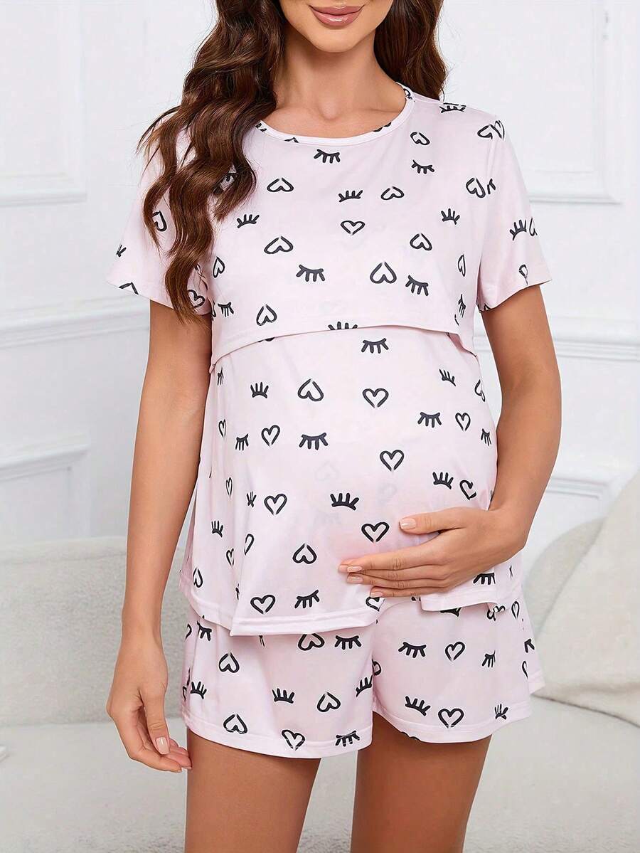 Women Breastfeeding Pajama Set 2pcs Crew Neck Pullover Maternity Sleepwear Cute Print Loungewear
