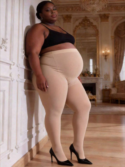 Plus Size Maternity Tights 2-Pack, Soft Stretchy High Waisted Maternity Pantyhose, Comfortable Semi-Sheer Pregnancy Leggings in Apricot
