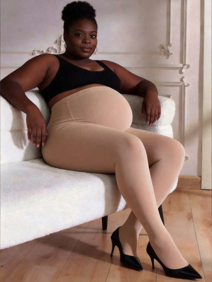 Plus Size Maternity Tights 2-Pack, Soft Stretchy High Waisted Maternity Pantyhose, Comfortable Semi-Sheer Pregnancy Leggings in Apricot