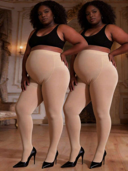 Plus Size Maternity Tights 2-Pack, Soft Stretchy High Waisted Maternity Pantyhose, Comfortable Semi-Sheer Pregnancy Leggings in Apricot