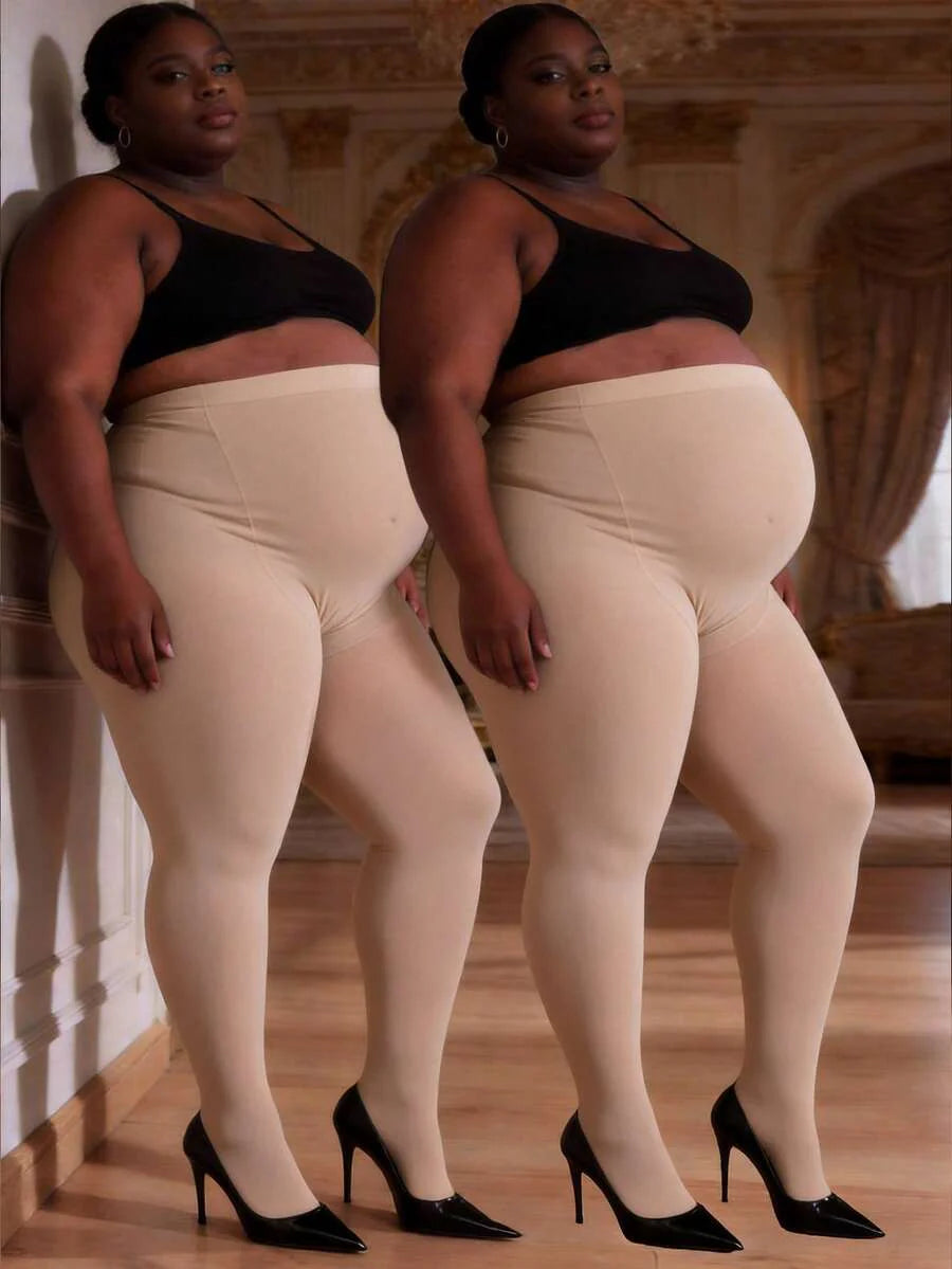 Plus Size Maternity Tights 2-Pack, Soft Stretchy High Waisted Maternity Pantyhose, Comfortable Semi-Sheer Pregnancy Leggings in Apricot