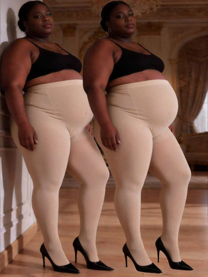Plus Size Maternity Tights 2-Pack, Soft Stretchy High Waisted Maternity Pantyhose, Comfortable Semi-Sheer Pregnancy Leggings in Apricot
