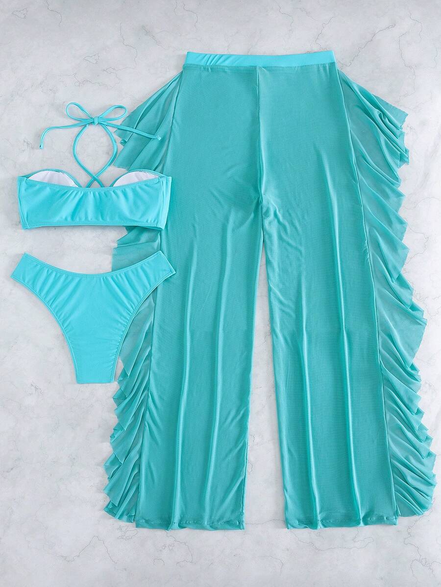 Swim Vcay 3pcs Set New Navy Blue Spring/Summer Halter Backless Crop Top, Trousers And Ruffle Hem Mesh Beach Pants Casual Vacation Bikini Swimwear For Women