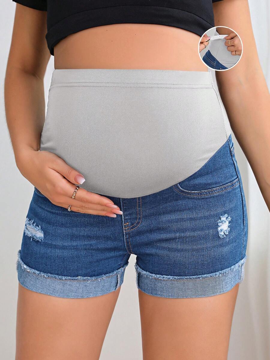 Maternity Black Washed Distressed Skinny Denim Mini Shorts – Elastic Waist Plain Casual Jean Shorts with Pockets