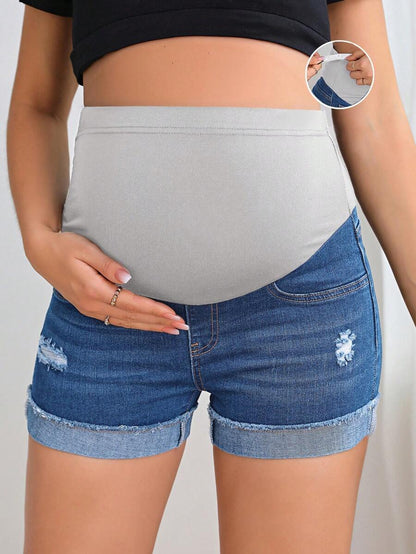Maternity Black Washed Distressed Skinny Denim Mini Shorts – Elastic Waist Plain Casual Jean Shorts with Pockets