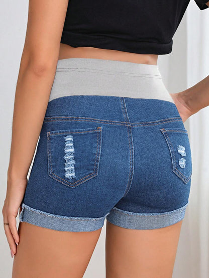Maternity Denim Shorts - Adjustable Waist, Ripped, Roll Up Hem, Pocket, Dark Wash
