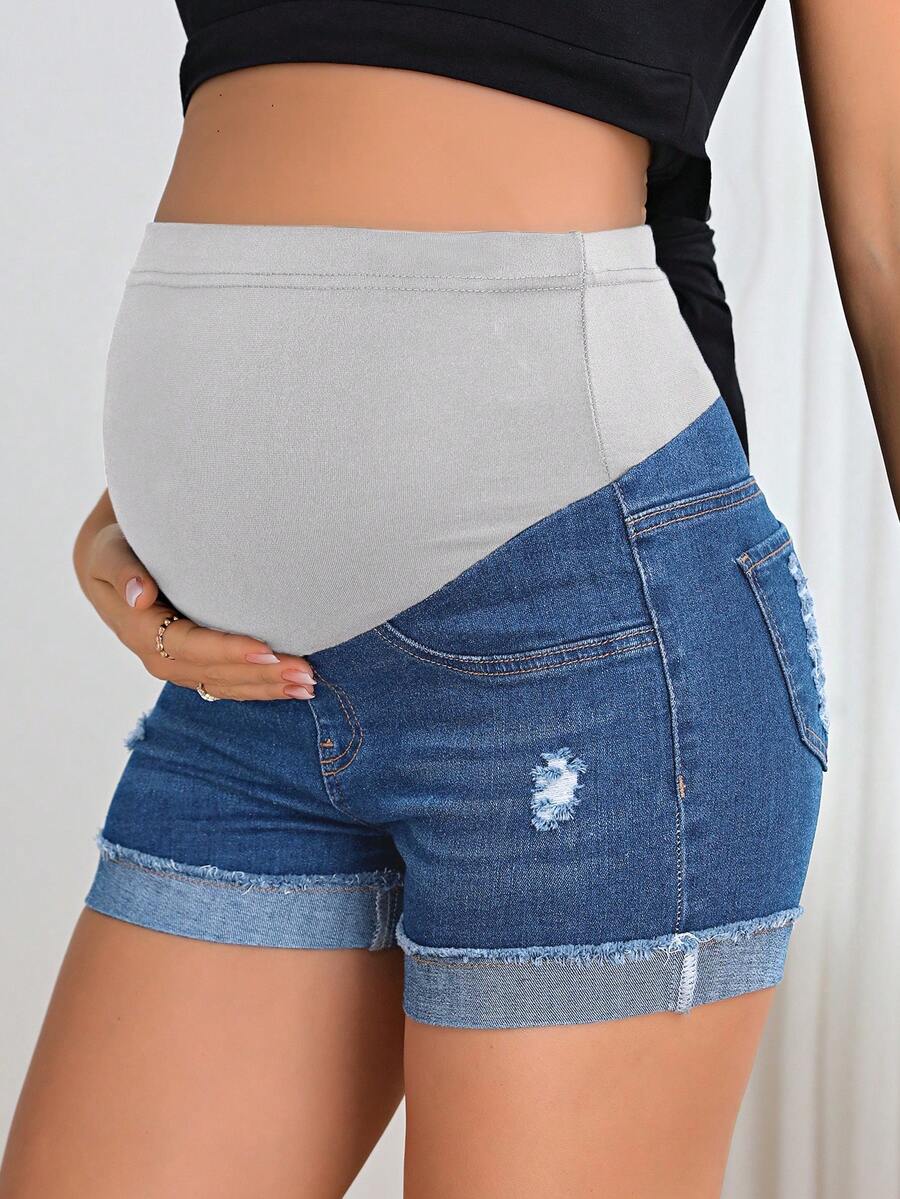 Maternity Denim Shorts - Adjustable Waist, Ripped, Roll Up Hem, Pocket, Dark Wash