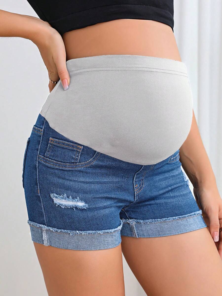 Maternity Denim Shorts - Adjustable Waist, Ripped, Roll Up Hem, Pocket, Dark Wash
