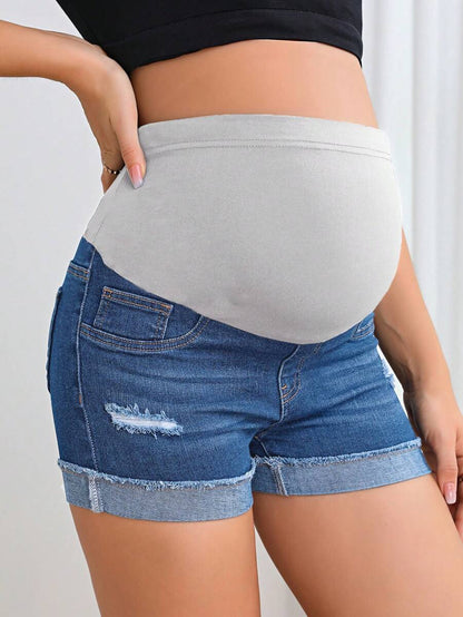 Maternity Denim Shorts - Adjustable Waist, Ripped, Roll Up Hem, Pocket, Dark Wash
