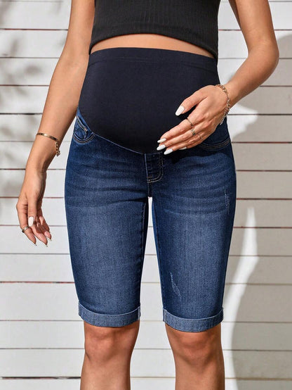 Maternity Solid Color Denim Shorts - Casual High Waist Pregnancy Fit