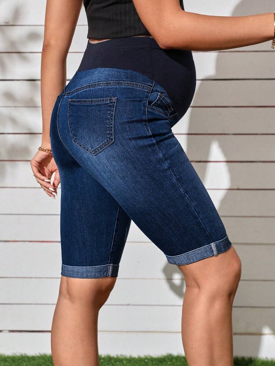 Maternity Solid Color Denim Shorts - Casual High Waist Pregnancy Fit