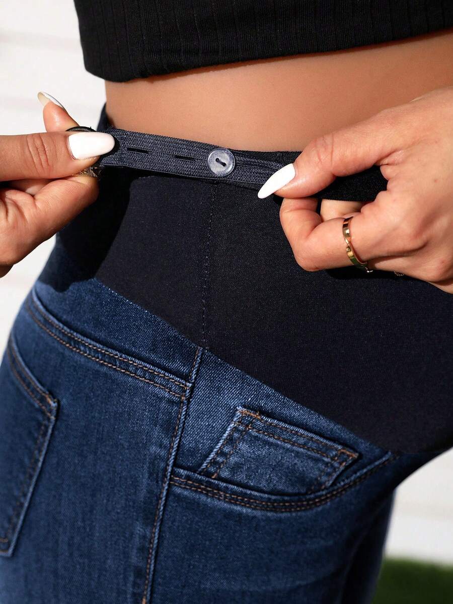 Maternity Solid Color Denim Shorts - Casual High Waist Pregnancy Fit