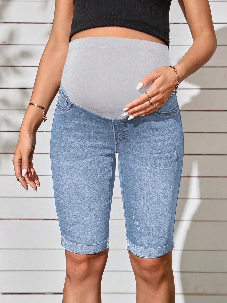 Maternity Solid Color Denim Shorts - Casual High Waist Pregnancy Fit