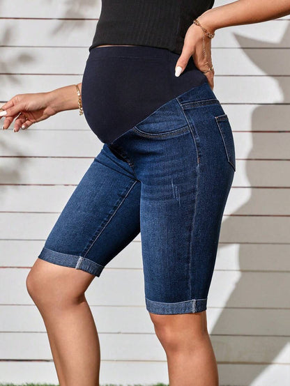 Maternity Solid Color Denim Shorts - Casual High Waist Pregnancy Fit