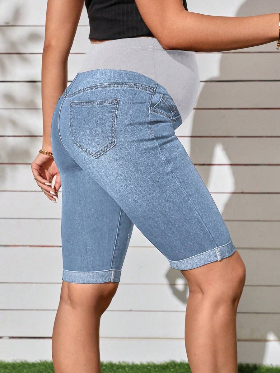 Maternity Solid Color Denim Shorts - Casual High Waist Pregnancy Fit