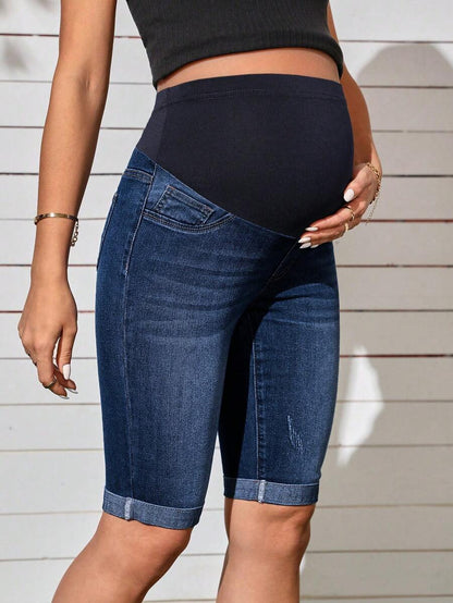 Maternity Solid Color Denim Shorts - Casual High Waist Pregnancy Fit