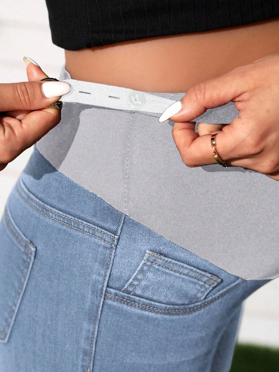 Maternity Solid Color Denim Shorts - Casual High Waist Pregnancy Fit