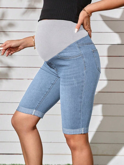 Maternity Solid Color Denim Shorts - Casual High Waist Pregnancy Fit