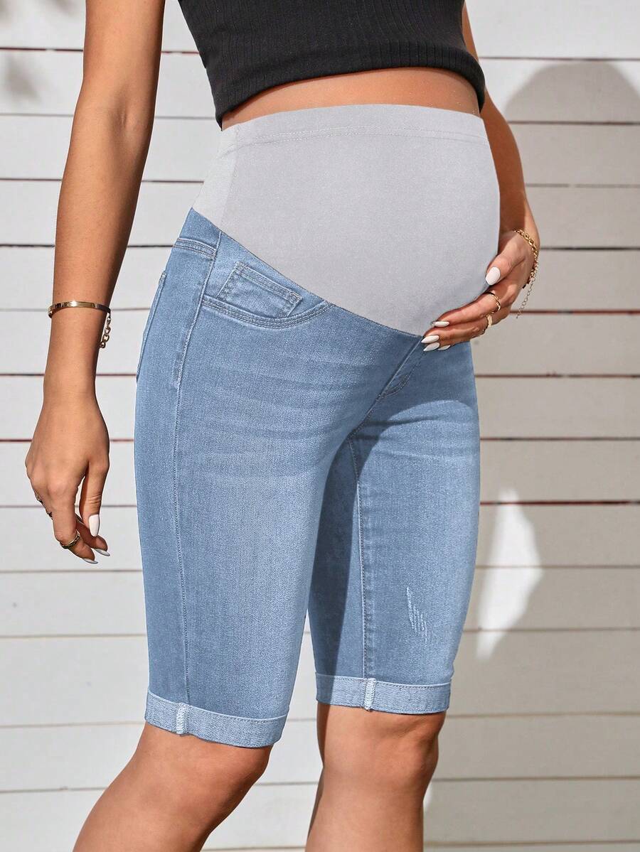 Maternity Solid Color Denim Shorts - Casual High Waist Pregnancy Fit
