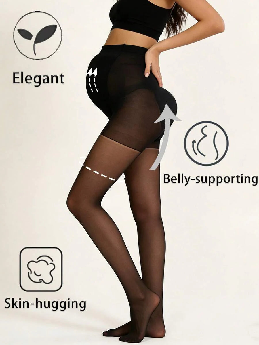 Maternity Stirrup Tights - Black Belly Support Lightweight Sheer High Waist, Office Workwear