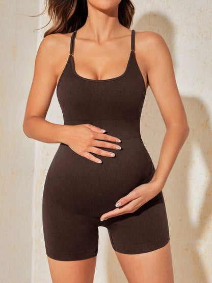 Mauve Purple Ribbed Maternity Sleeveless Romper – Seamless Backless Crisscross Bodysuit with Scoop Neck & Medium Stretch for Home & Casual Wear