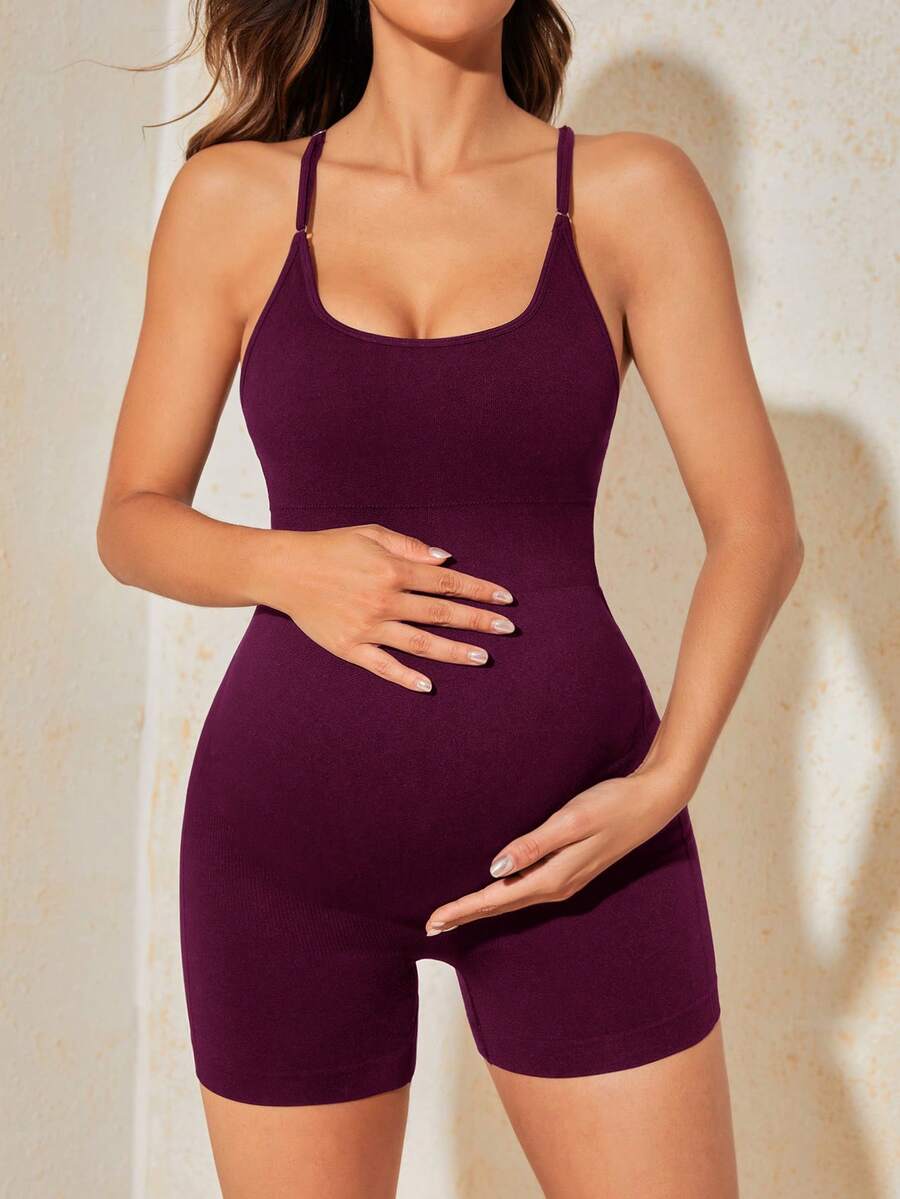 Mauve Purple Ribbed Maternity Sleeveless Romper – Seamless Backless Crisscross Bodysuit with Scoop Neck & Medium Stretch for Home & Casual Wear