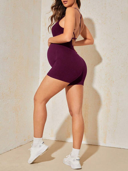 Mauve Purple Ribbed Maternity Sleeveless Romper – Seamless Backless Crisscross Bodysuit with Scoop Neck & Medium Stretch for Home & Casual Wear