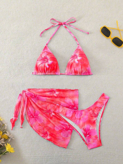 Women's 3-Piece Shell Print Bikini Set - V-Neck Halter, Triangle, Side Tie Skirt, Multicolor