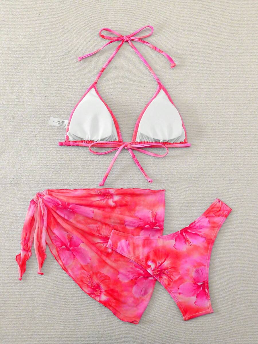 Women's 3-Piece Shell Print Bikini Set - V-Neck Halter, Triangle, Side Tie Skirt, Multicolor