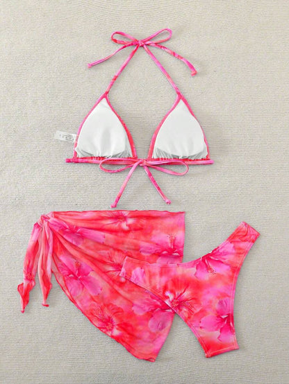 Women's 3-Piece Shell Print Bikini Set - V-Neck Halter, Triangle, Side Tie Skirt, Multicolor