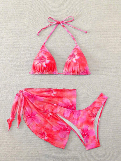 Women's 3-Piece Shell Print Bikini Set - V-Neck Halter, Triangle, Side Tie Skirt, Multicolor