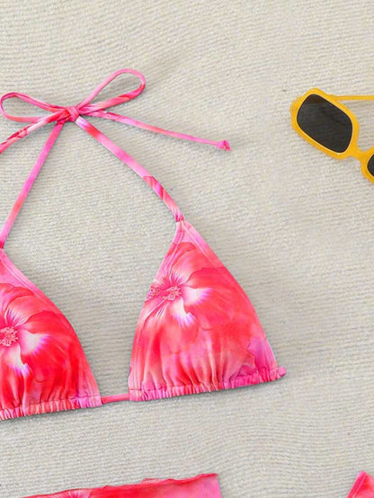 Women's 3-Piece Shell Print Bikini Set - V-Neck Halter, Triangle, Side Tie Skirt, Multicolor