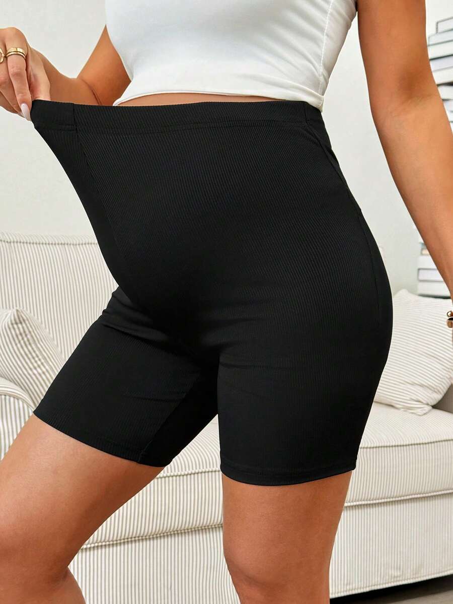 Maternity High-Stretch Cycling Shorts with Adjustable Ultra-High Waist – Solid Black Athletic Biker Shorts for Daily Commute, Zumba, & Activewear