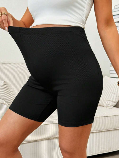 Maternity High-Stretch Cycling Shorts with Adjustable Ultra-High Waist – Solid Black Athletic Biker Shorts for Daily Commute, Zumba, & Activewear