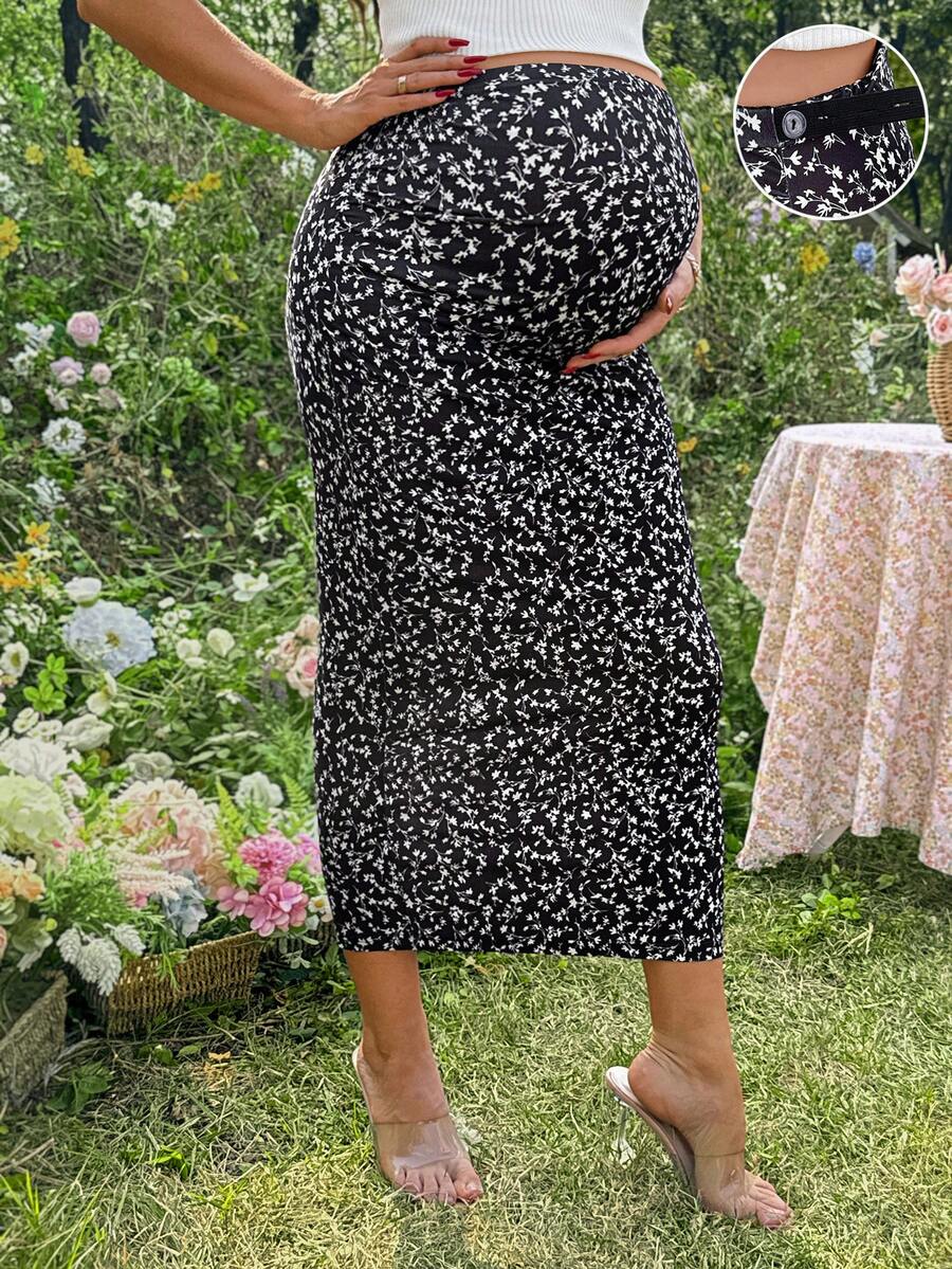 Floral Print Maternity Pencil Skirt - Black Boho Mid Waist Long Fitted Skirt with Slight Stretch for Daily Summer Style