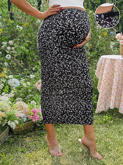 Floral Print Maternity Pencil Skirt - Black Boho Mid Waist Long Fitted Skirt with Slight Stretch for Daily Summer Style