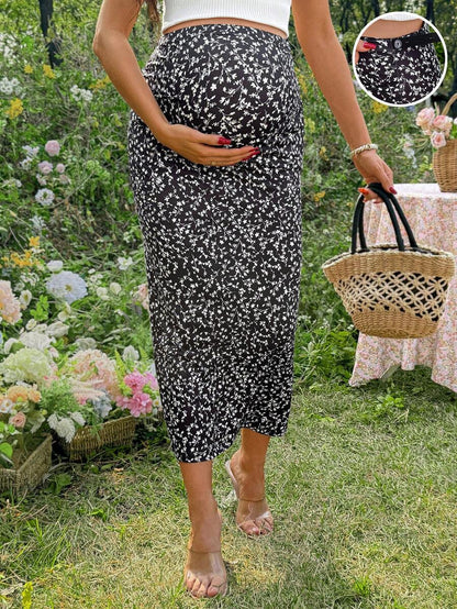 Floral Print Maternity Pencil Skirt - Black Boho Mid Waist Long Fitted Skirt with Slight Stretch for Daily Summer Style