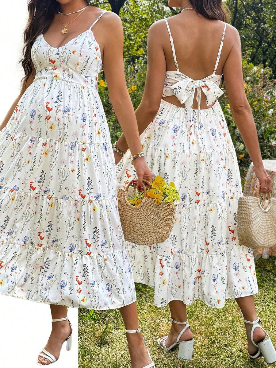Maternity Floral Print Ruffle Hem Casual Camisole Dress