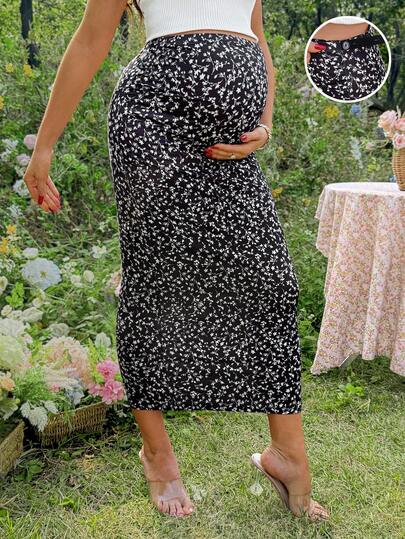 Floral Print Maternity Pencil Skirt - Black Boho Mid Waist Long Fitted Skirt with Slight Stretch for Daily Summer Style