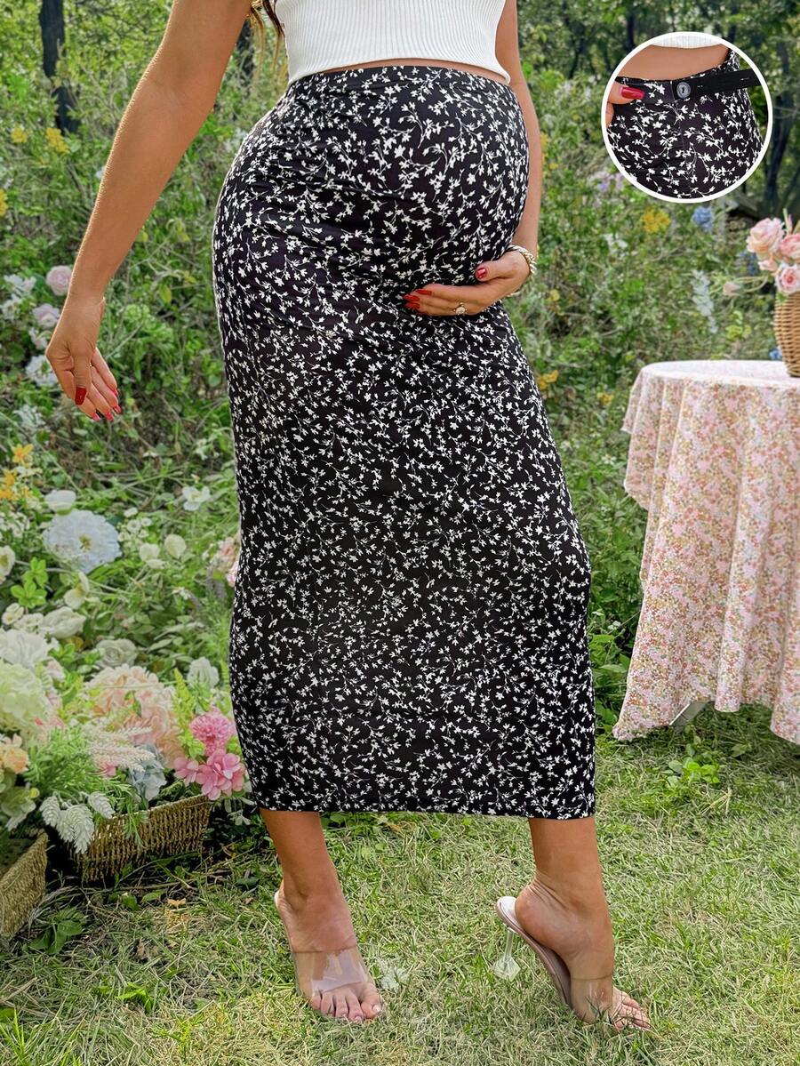 Floral Print Maternity Pencil Skirt - Black Boho Mid Waist Long Fitted Skirt with Slight Stretch for Daily Summer Style